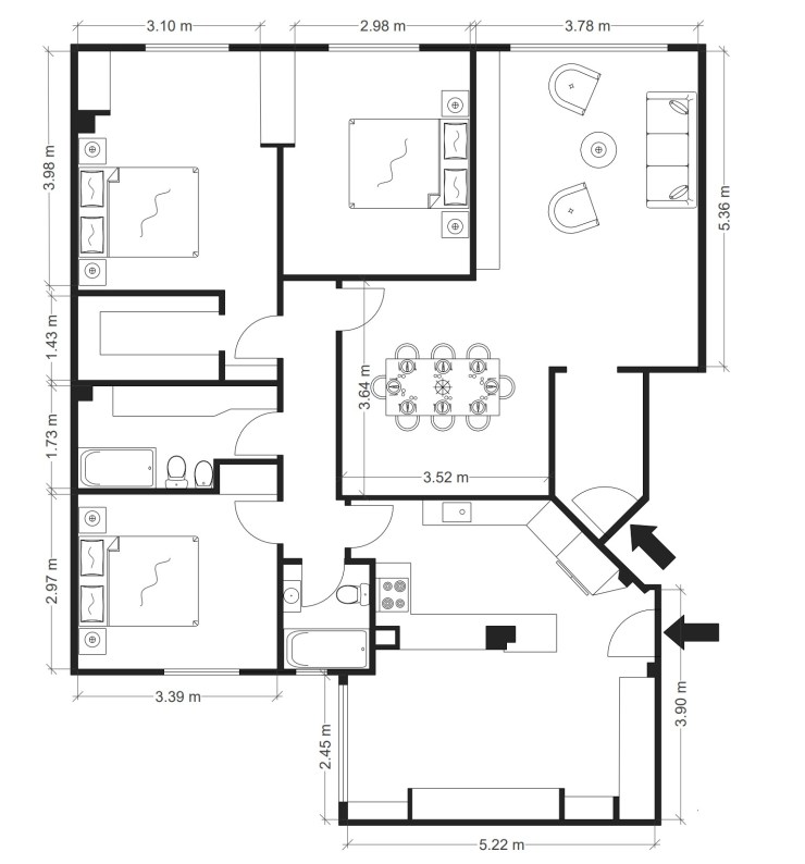 Muestra un plano acotado en 2d para anuncios de venta de pisos