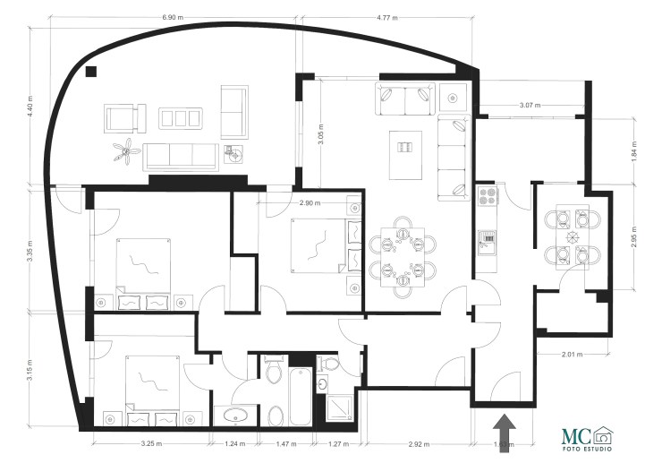 Plano de chalet con jardín Madrid noroeste, espacios de distribución abierta